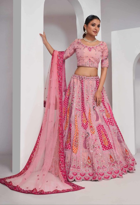 Elegant Rose Pink Silk Lehenga Choli with Peacock & Paisley Motifs